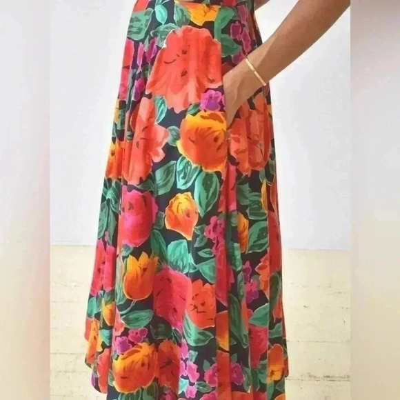 AJ Bari Floral Halter Dress Pleated Tulle V neck Flare Cocktail 80s Tulip 4 VTG - Picture 4 of 13